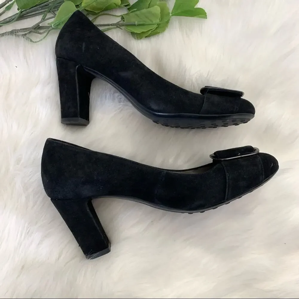 Aquatalia | Black Sacchetto Buckle Front Heel Pumps Round Toe Italy Women's 7